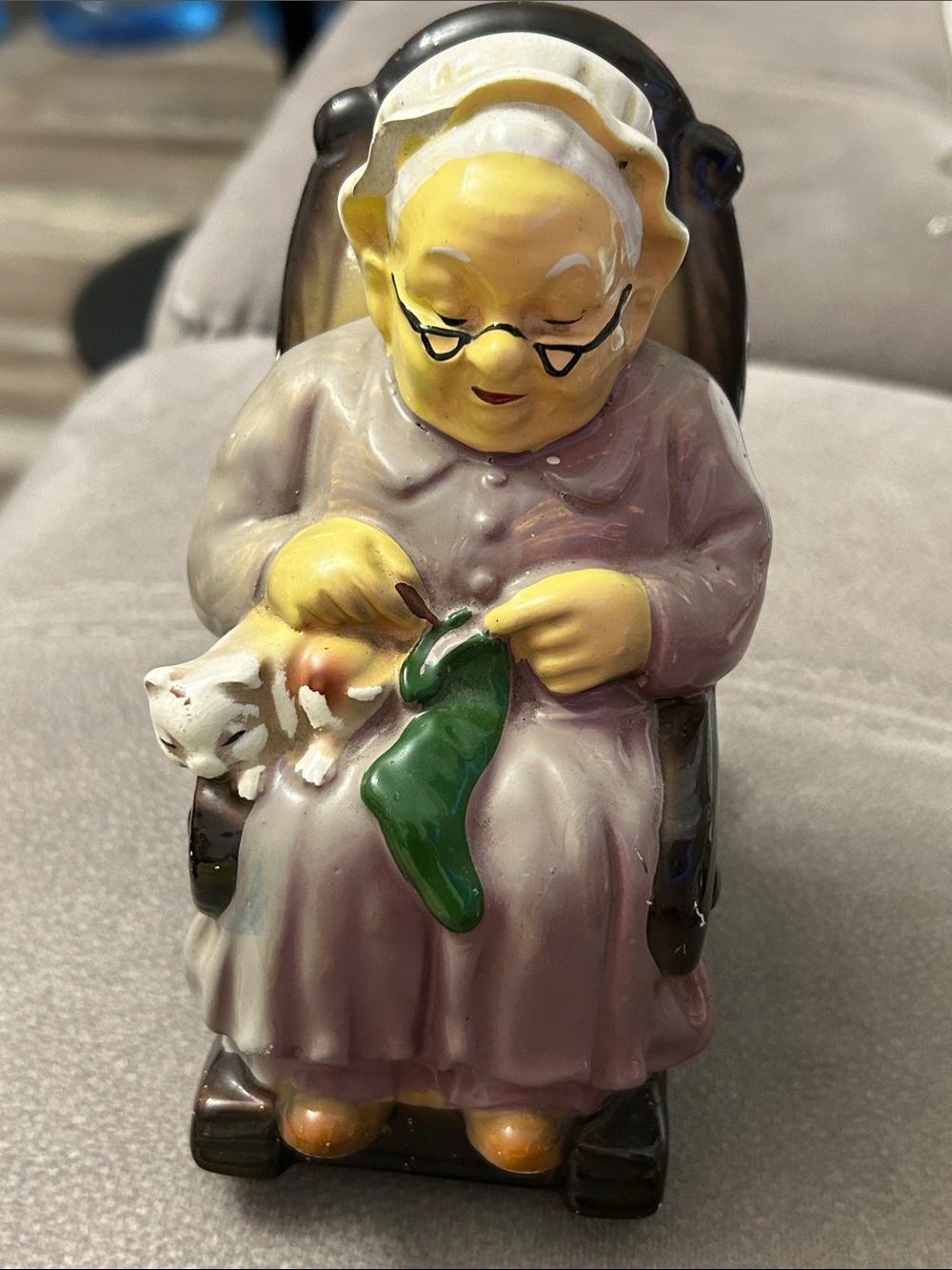 Vintage 1970s Lavender and Green Ceramic Figurine of Knitting Grandmother & cat